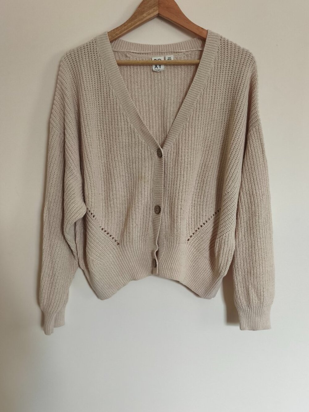 Roxy Cotton Oversized Cropped V-Neck Button Cardigan sz M Cream Boho Beachy